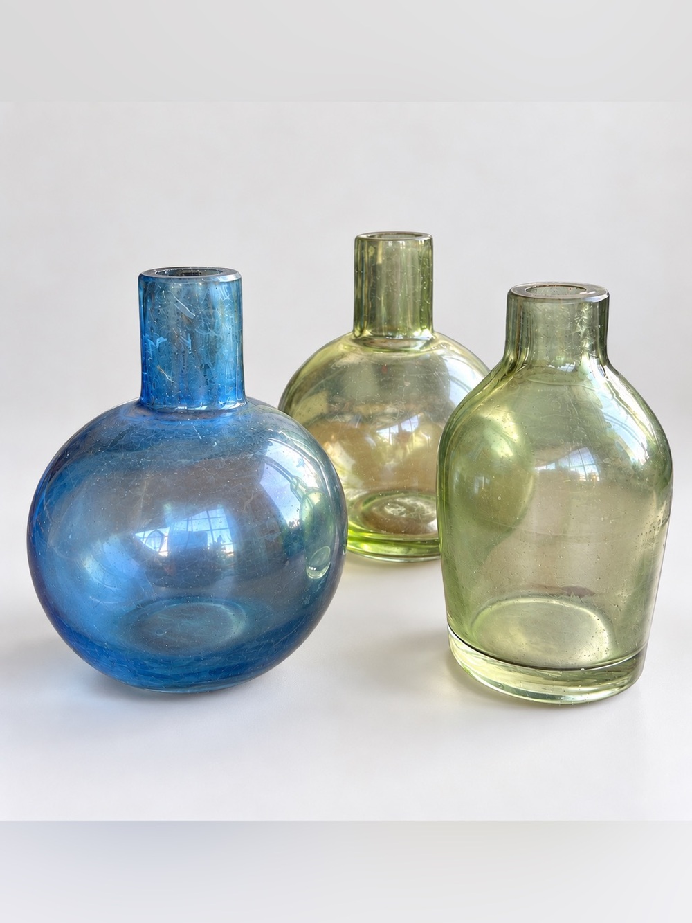 3 Hand Blown Art Glass Bud Vases Blue Green Bubble Glass Boho Decor Set